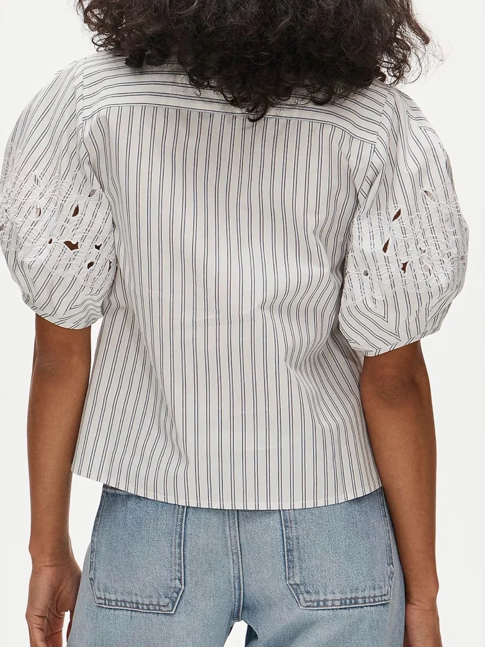 J CREW SIZE 8 Eyelet puff-sleeve shirt in striped cotton poplin CT095